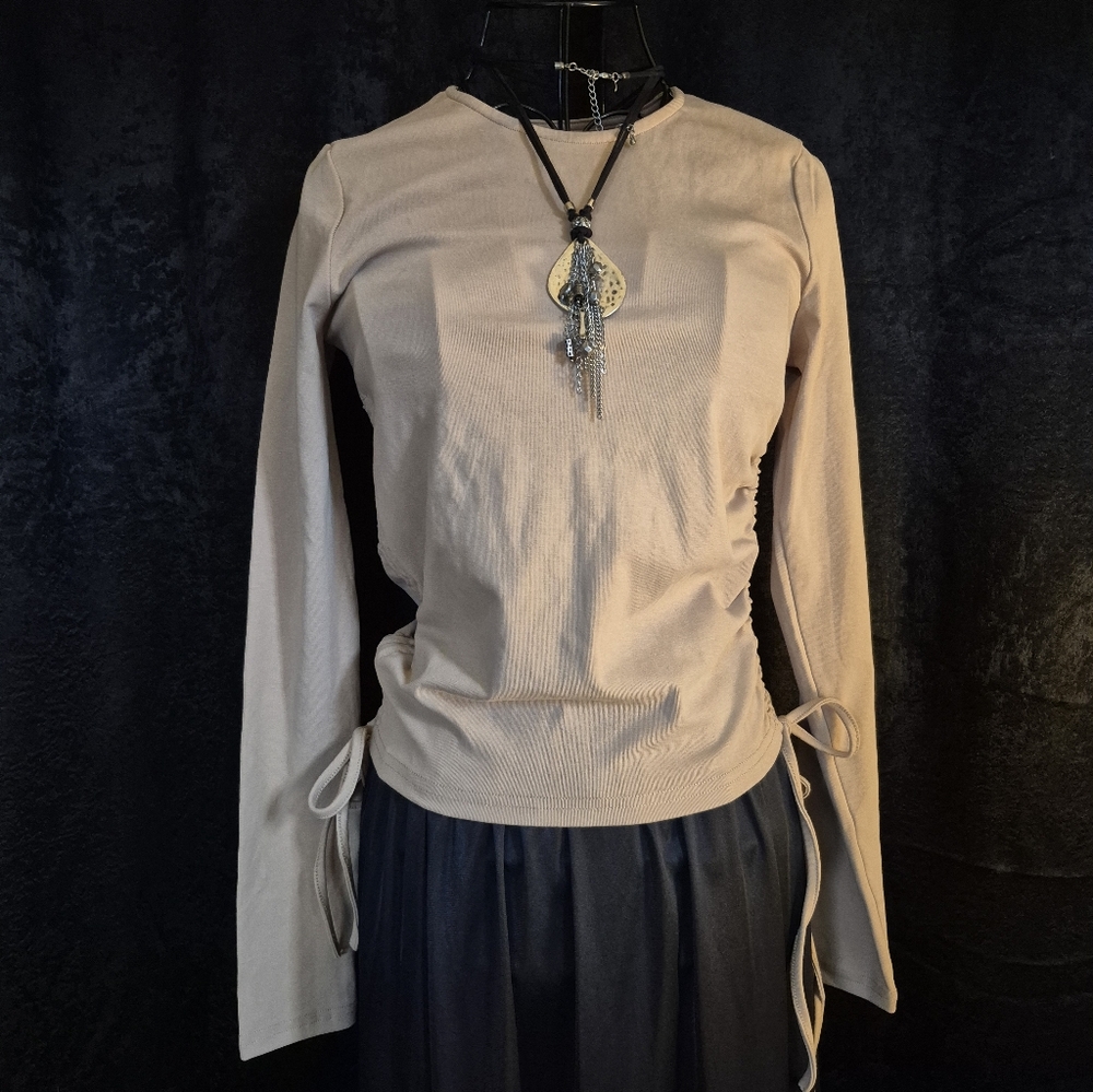 Long-Sleeve Side-Tie Women's Top in Beige